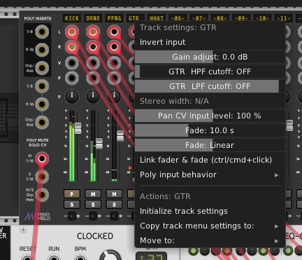The MixMaster's GTR track-settings menu, with Fade set to 10.0 s and a Linear fade curve.