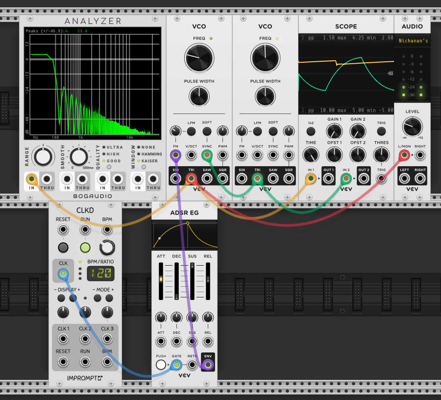 ADSR envelope modulating secondary VCO frequency, triggered by clock