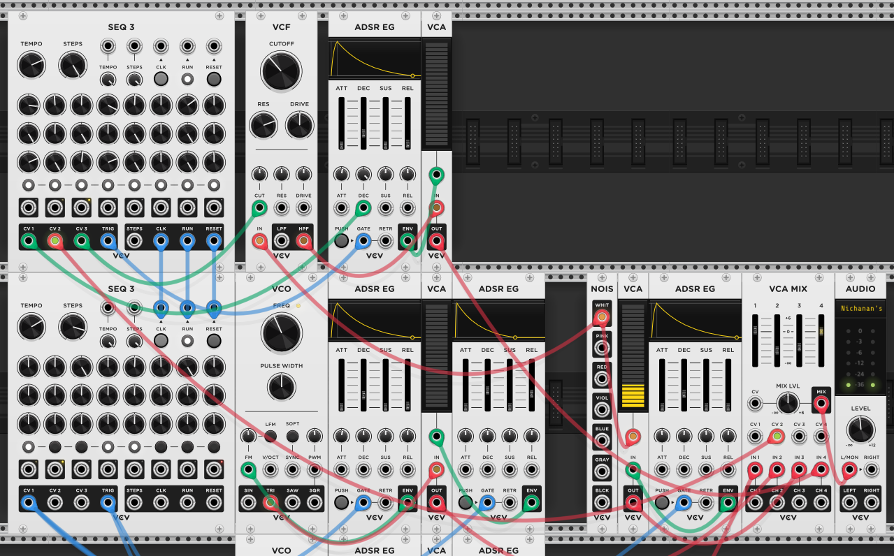 Full drum kit: hi-hat (top row), kick and snare (bottom rows), two SEQ 3s