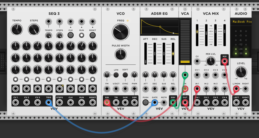 Simple kick drum: low sine wave shaped by ADSR, triggered by SEQ 3