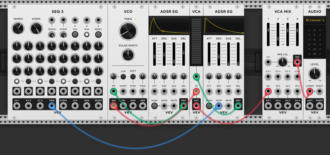 Kick drum with two ADSR envelopes — one for pitch, one for amplitude