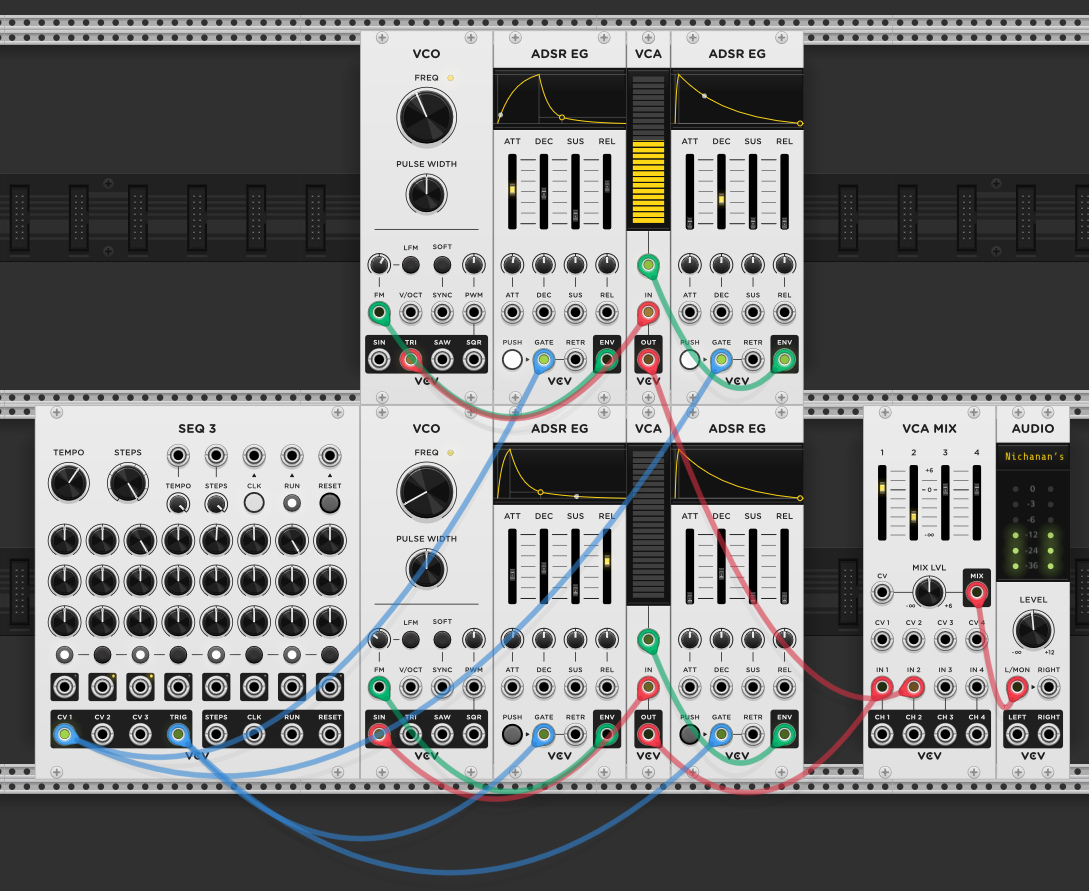 Kick (bottom row) and snare (top row) — two identical signal chains triggered from one sequencer
