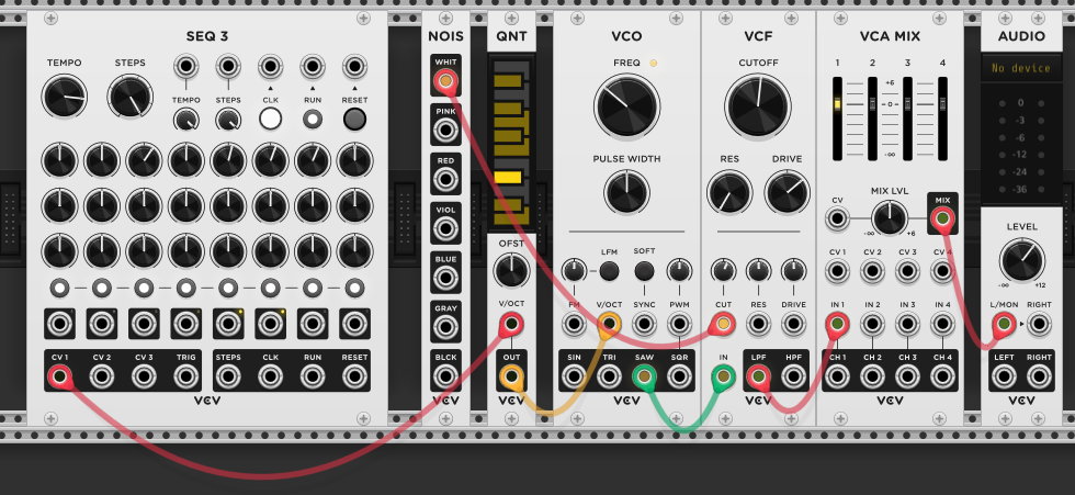 White noise patched to VCF cutoff CV — noise modulating a sequenced sawtooth voice