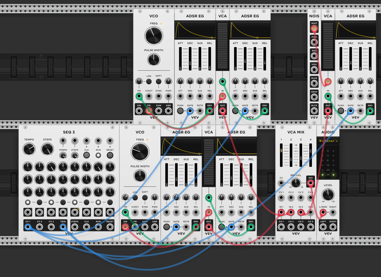 White noise through VCA + ADSR added to the snare, gated by the same CV1 trigger
