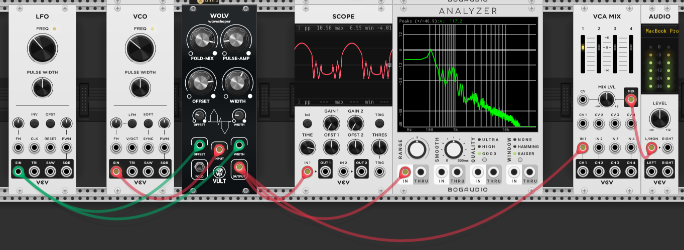 LFO modulating WOLV offset and width — scope shows continuously morphing waveform