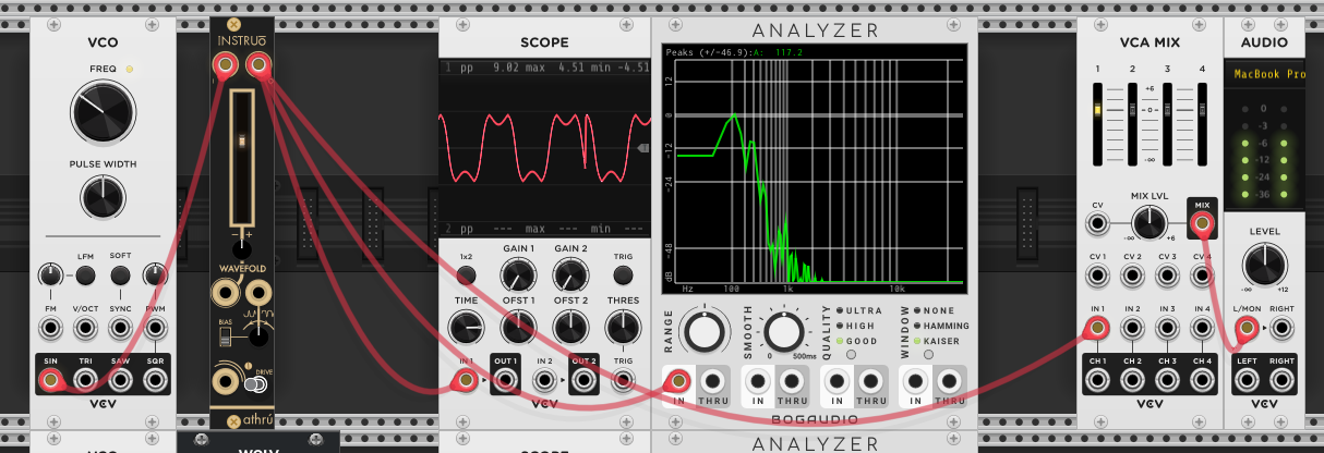 VCO sine through Instruo wavefolder — scope and analyzer show folded waveform with added harmonics