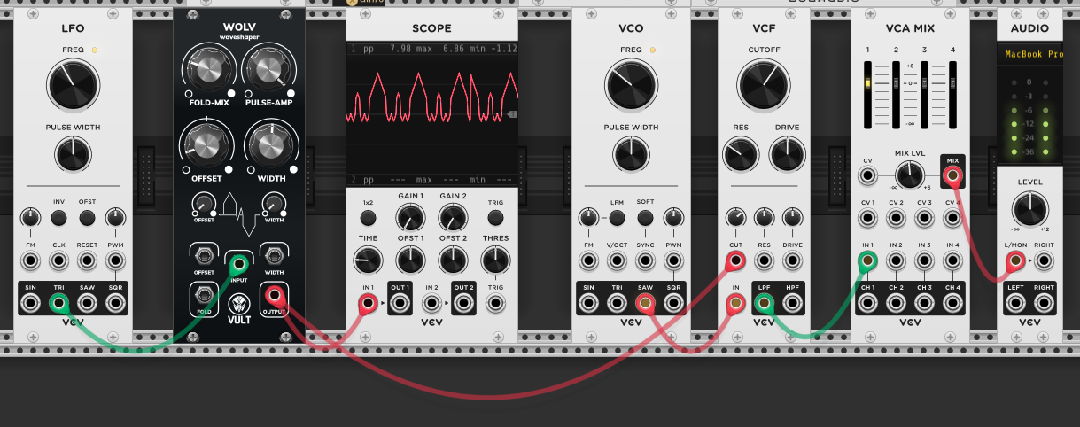 LFO through waveshaper modulating VCF cutoff — shaped modulation on a filtered VCO