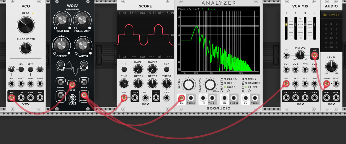 Vult WOLV waveshaper — sine input shaped into a complex waveform with dense harmonics