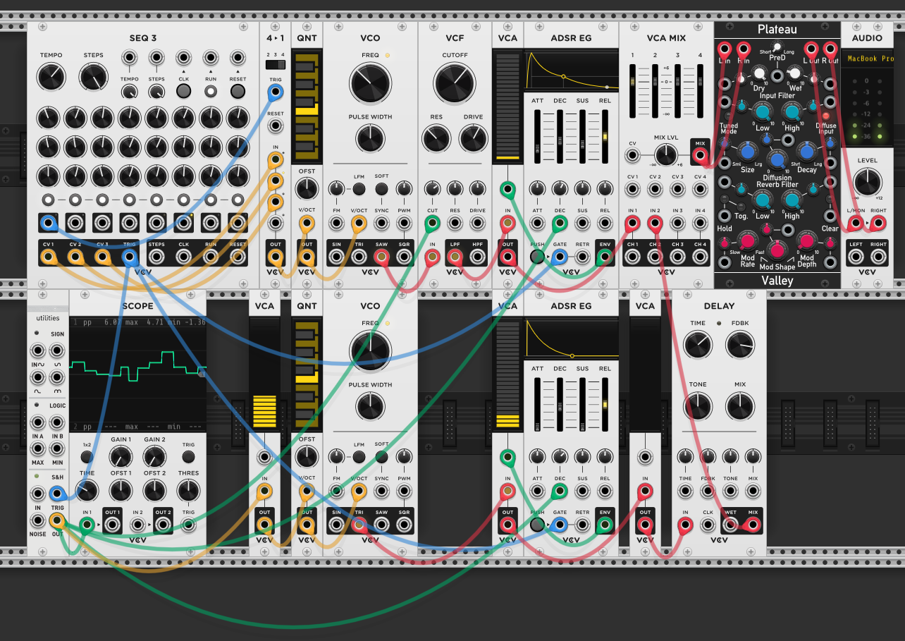 Plateau reverb module added after the mixer — both voices fed through reverb to audio output