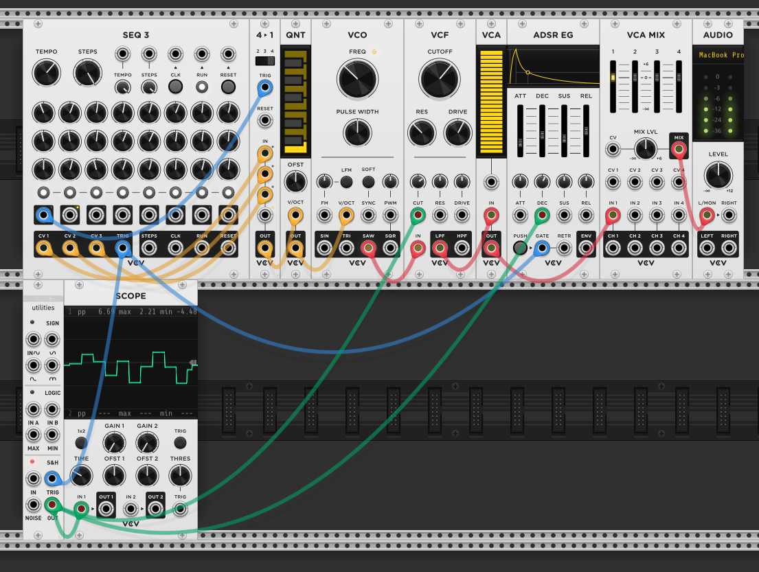 S&H noise output split to VCF cutoff and ADSR decay — each sequenced note gets random brightness and envelope length