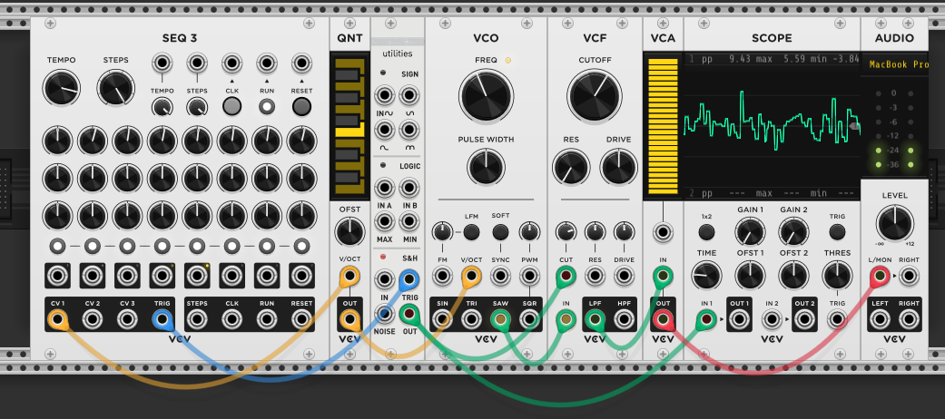 SEQ 3 sequencing a VCO through a filter, S&H noise output modulating VCF cutoff — random stepped brightness per note