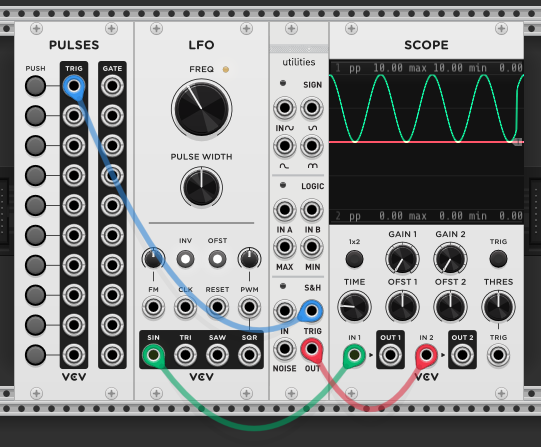 Utilities S&H module with manual trigger from Pulses — scope shows held voltage steps