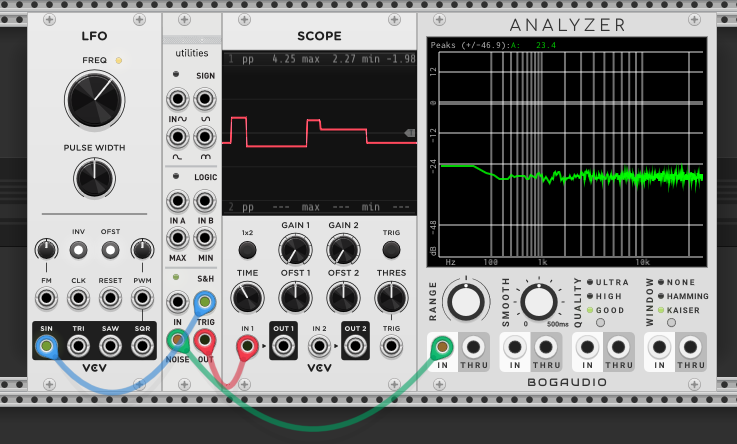 Kinks noise output into S&H, triggered by LFO — random stepped voltages on scope, flat noise spectrum on analyzer
