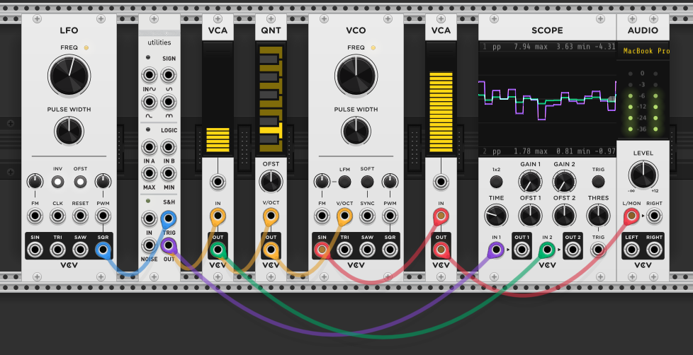 S&H noise output through quantizer to VCO — random stepped melody, scope shows quantized pitch steps
