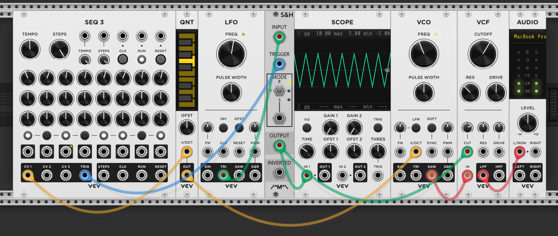 Track and hold output modulating VCF cutoff — SEQ 3 sequencing pitch, LFO tracked through S&H to filter