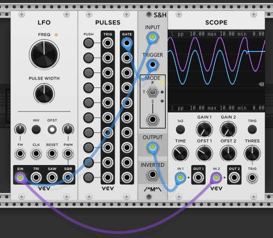 S&H module in Track mode — LFO sine passes through while gate is low, holds when gate opens