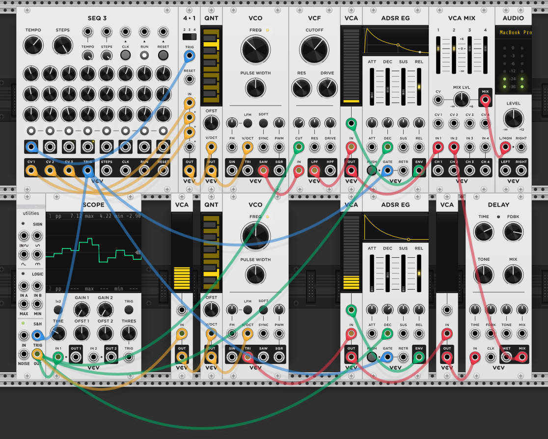 Two parallel voices from one sequencer — second voice through VCA level control and delay with high feedback