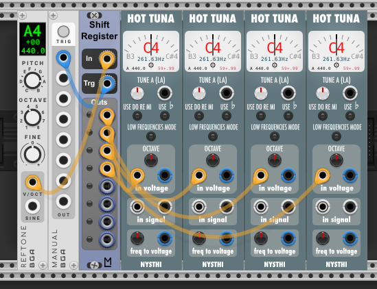 Bogaudio A4 pitch into shift register, four Hot Tuna tuners on outputs — before triggering, all show C4 (0V)