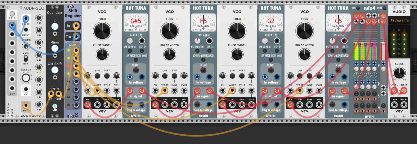 ADDR-SEQ through quantizer into shift register — four outputs to four VCOs, mixed to audio. Hot Tunas show G#5, F5, G2, G5