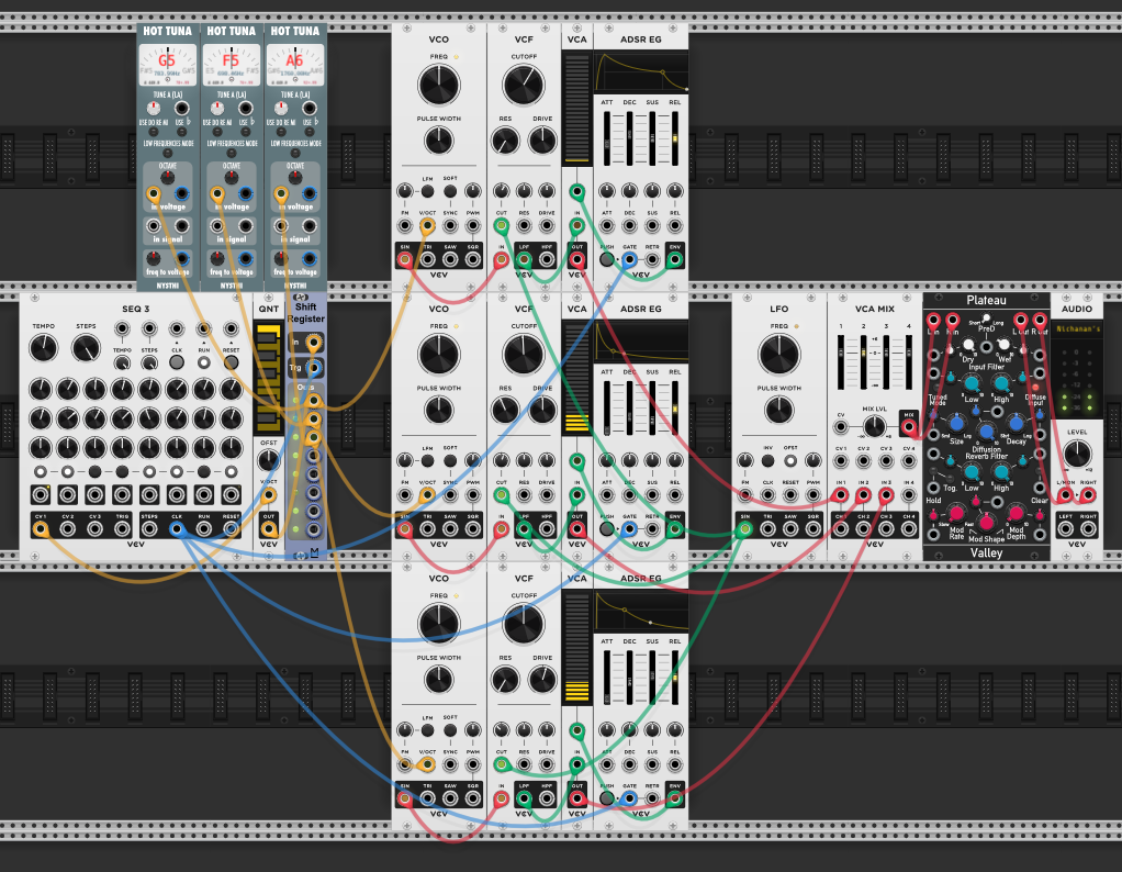 Three-voice patch with LFO modulating all three VCF cutoffs (green cables), Plateau reverb after the mixer