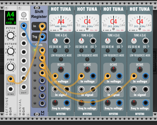 After one trigger — Hot Tuna 1 shows A4 (440Hz), rest still C4