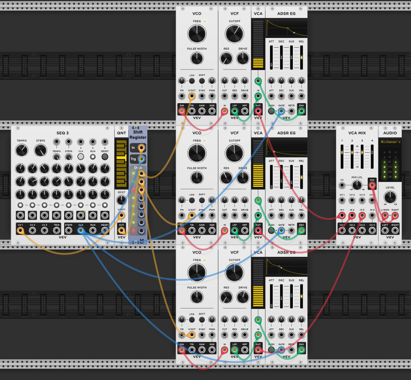 SEQ 3 through quantizer into shift register — three outputs to three full voice chains (VCO → VCF → VCA → ADSR), mixed to audio