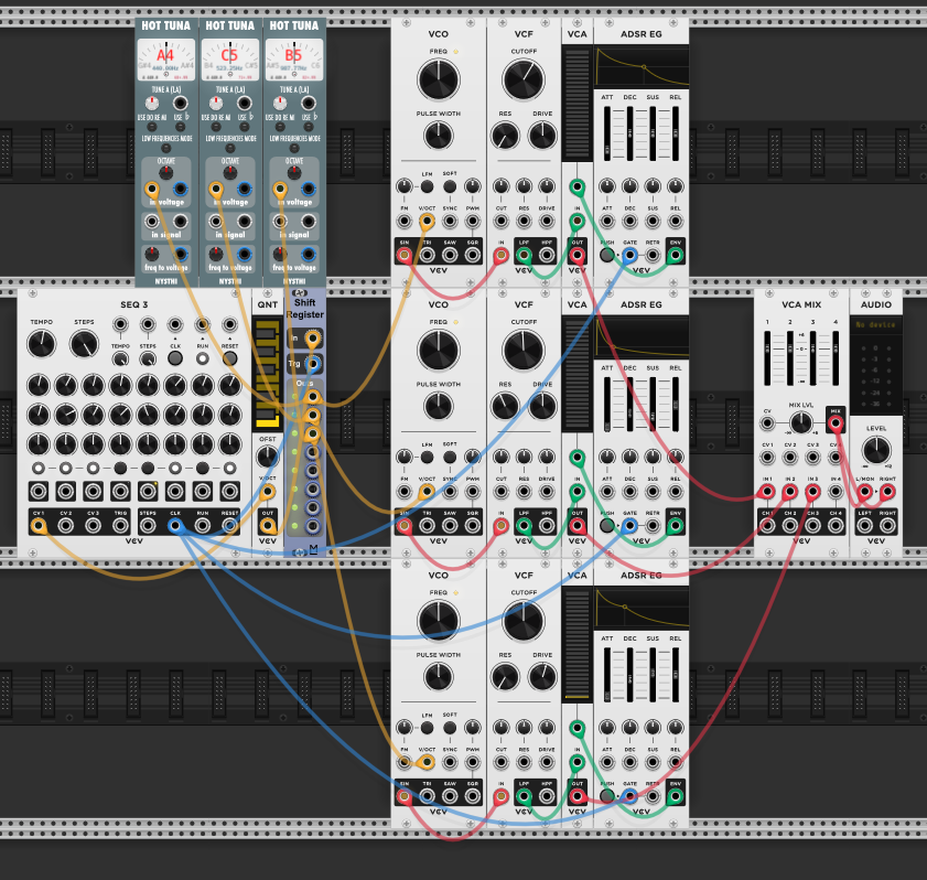 Same three-voice patch with Hot Tuna tuners added — showing A4, C5, Bb5 across the three outputs