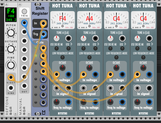 After second trigger — Hot Tuna 1 shows F4, Hot Tuna 2 shows A4, rest still C4