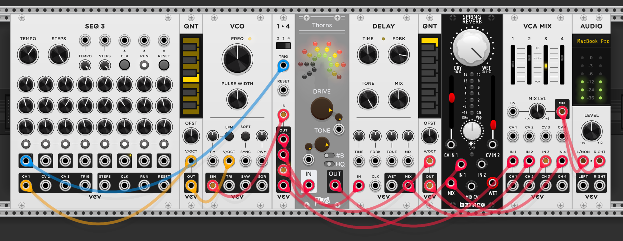 SEQ 3 row 1 through quantizer into VCO, output to 1→4 switch routing to Thorns distortion, Delay, Quantizer, and Spring Reverb — all mixed back through VCA MIX