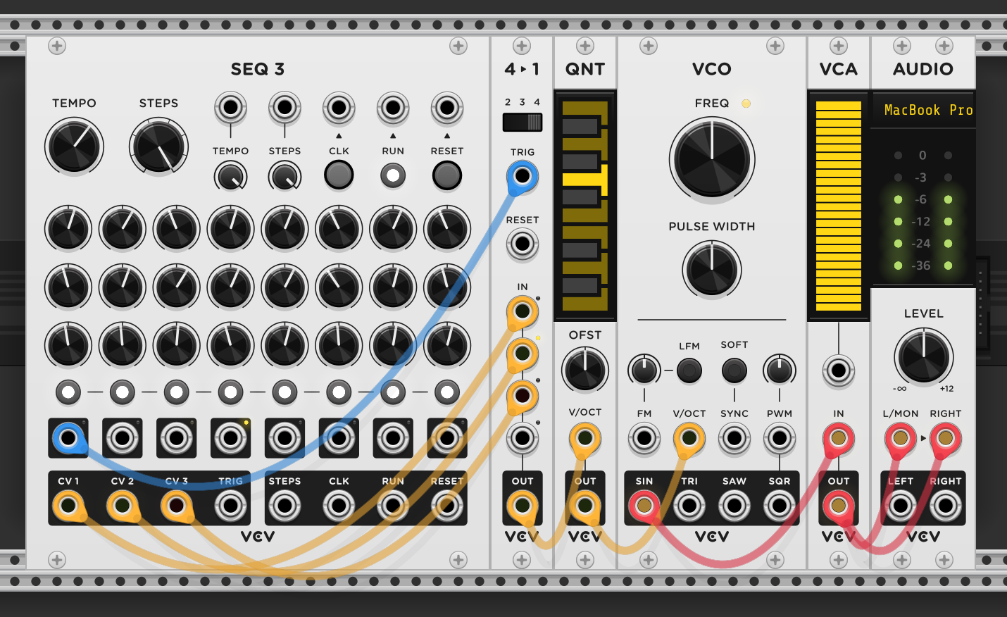 SEQ 3's three CV rows into a 4→1 switch, TRIG output clocking the switch — quantizer into VCO → VCA → Audio
