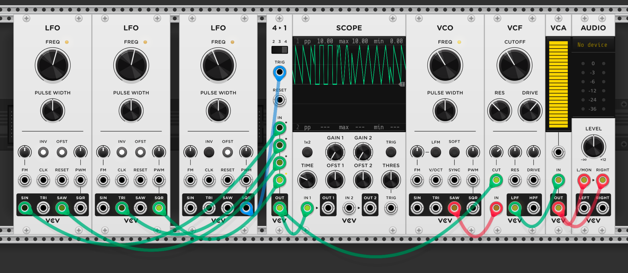 Three LFOs into a 4→1 sequential switch, output modulating VCF cutoff on a sawtooth voice chain