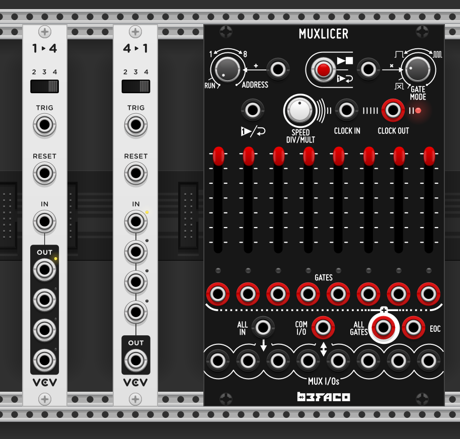 Sequential switch types in VCV — 1-to-many on the left, many-to-1 on the right, and the Muxlicer which handles both