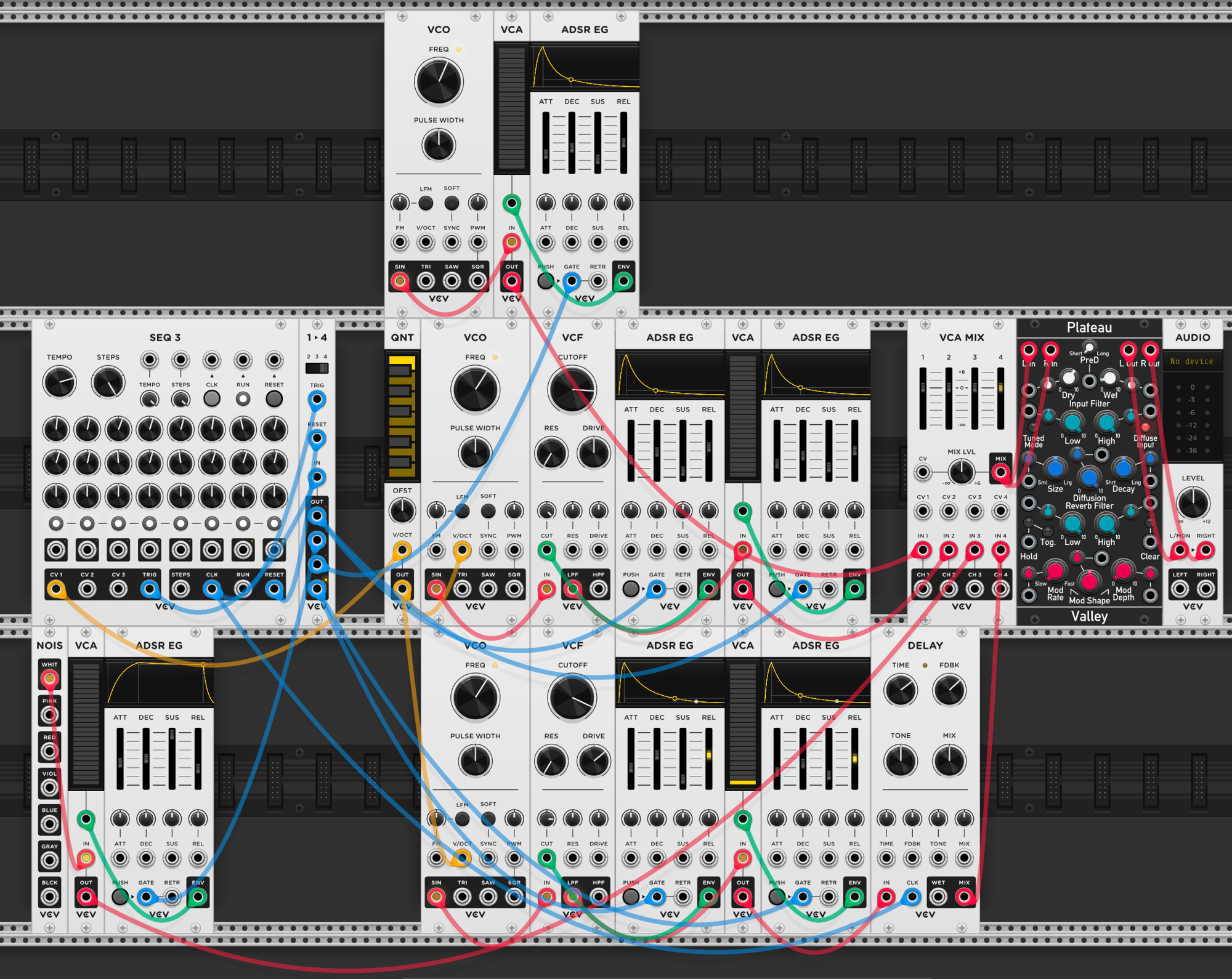 SEQ 3 into 1→4 switch — output 1 to noise percussion, outputs 2–4 to three voice chains with different filters, envelopes, delay, and Plateau reverb, all into VCA MIX
