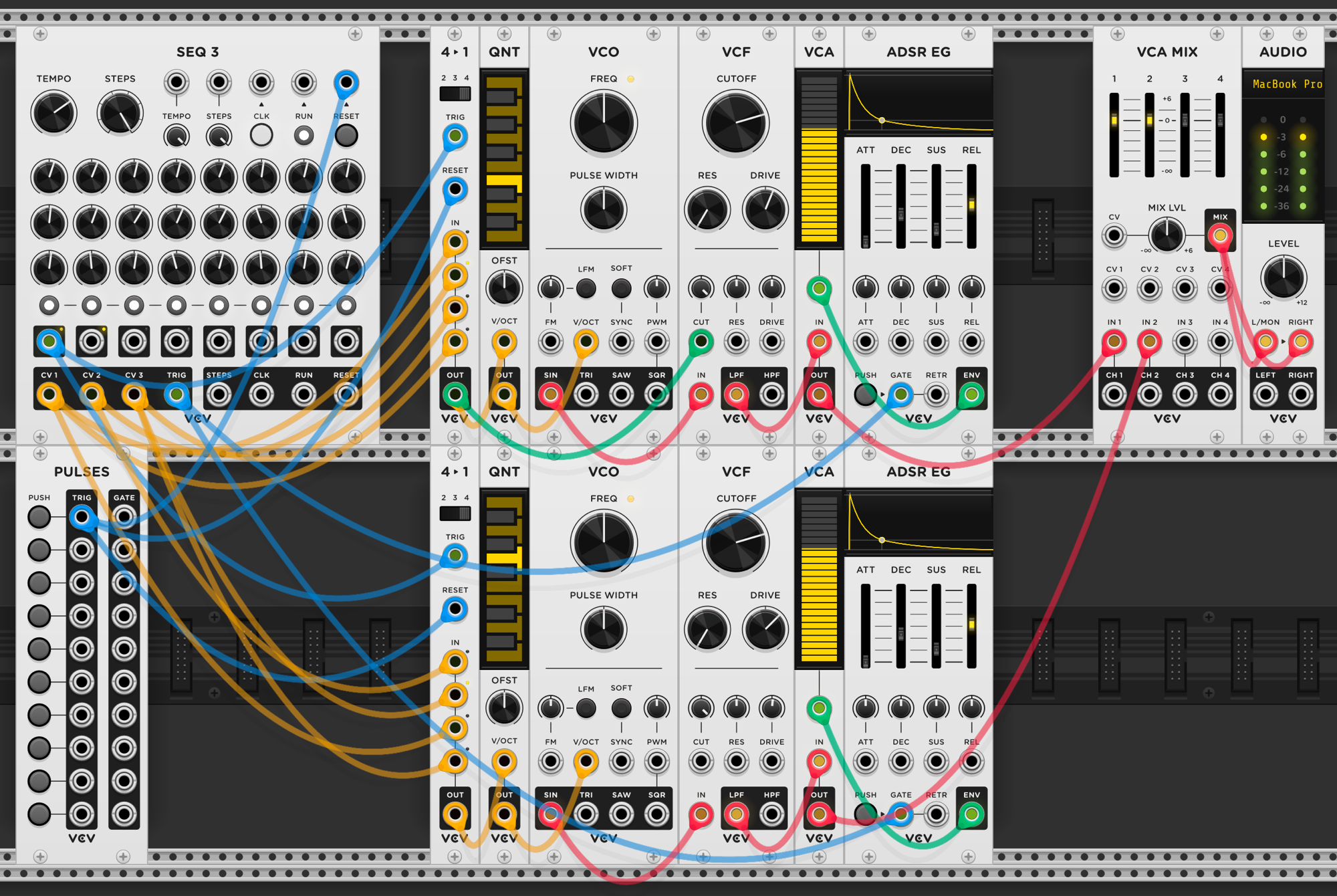 Two 4→1 switches fed by the same SEQ 3 rows in different order, each into a full voice chain (QNT → VCO → VCF → VCA → ADSR EG), mixed through VCA MIX. Pulses module resets both switches.