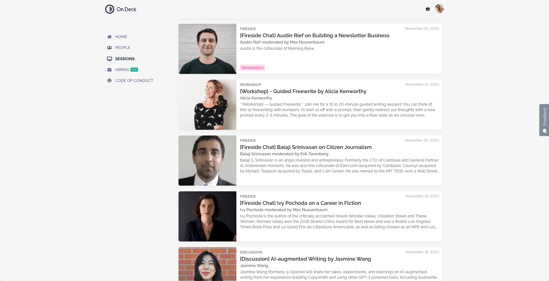  On Deck hosts multiple fireside chats weekly on writing related topics for ODW Fellows 