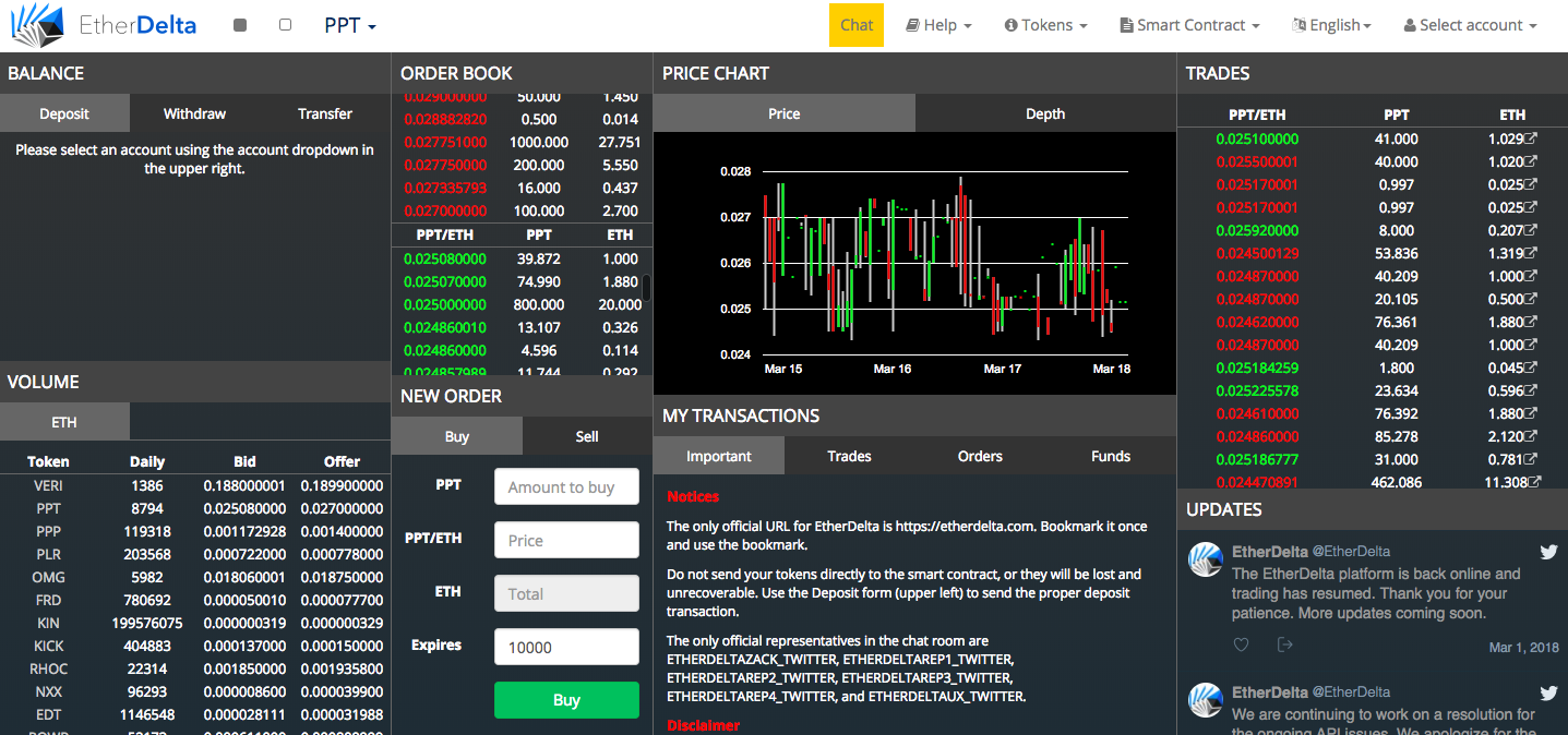   Etherdelta  main user interface 