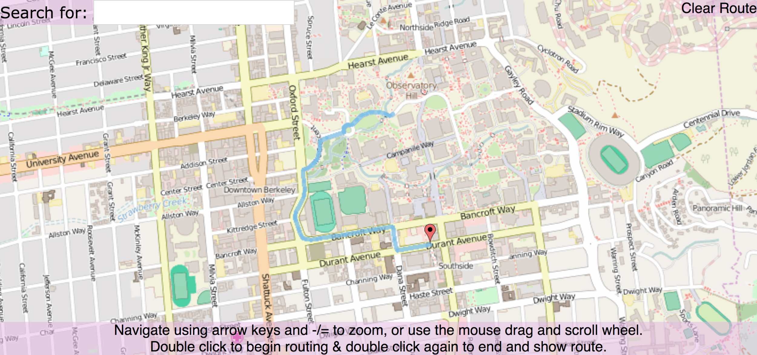  Shortest path from the library to Kip's bar (as you do) using A* search. The background photo for the post title is code from this project - aptly named BearMaps 