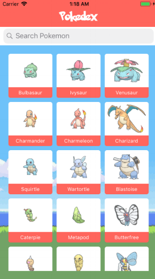  Pokedex app that displays pokemon details when you click on their icon, also has search functionality. Written in Swift 3 -  code  