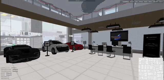   CryptoMotors showroom  in CryptoVoxels. A commissioned build by  Voxel Architects  