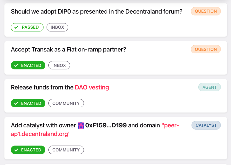  Some  proposals  created for the Decentraland DAO, where MANA token holders, parcel owners, and estate owners have voting power. This is an example of community governance activity that we have seen in crypto-native apps. 