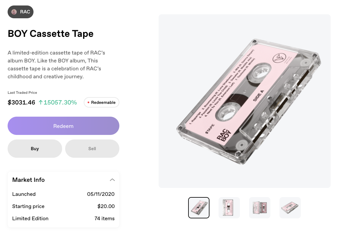  The  product page  of $TAPE on  Zora  
