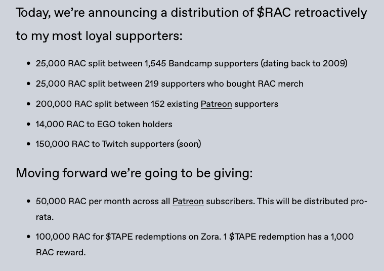  Retroactive token distribution for supporters of RAC 