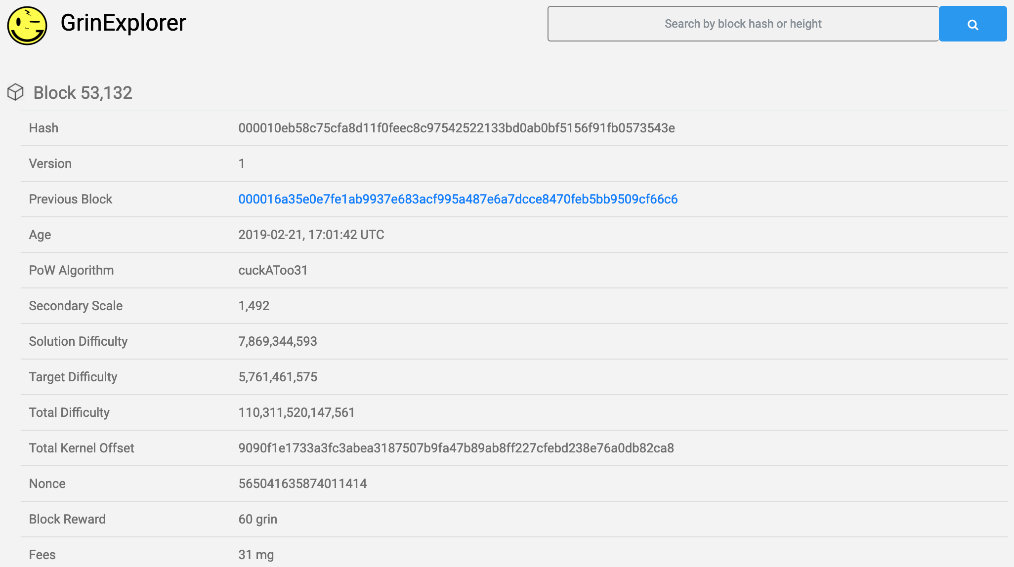  Information on block #53132 on  GrinExplorer  