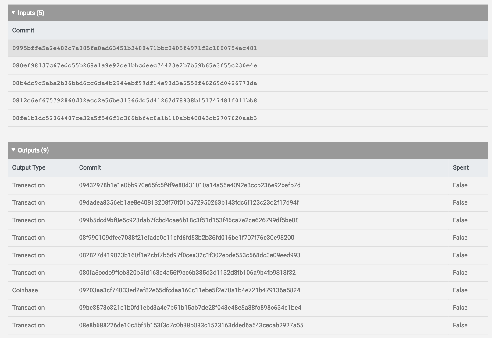  Inputs are  Pedersen commitments  which are references to previous outputs, there are also no identifiable addresses. To an observer this is indistinguishable from random pieces of data.  There are  no visible amounts  and transactions are aggregated - making it very hard to link individual inputs to its outputs. Each Grin block is essentially a big coinjoin transaction signed by all parties involved. 